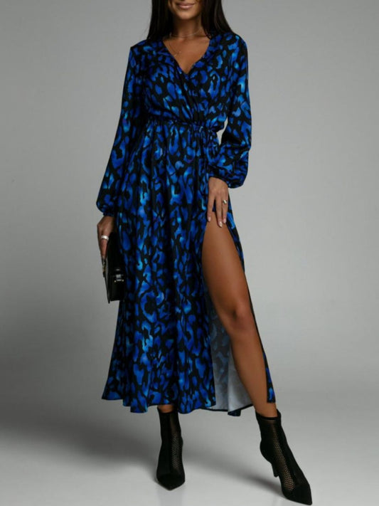 Slit Printed Surplice Long Sleeve Dress