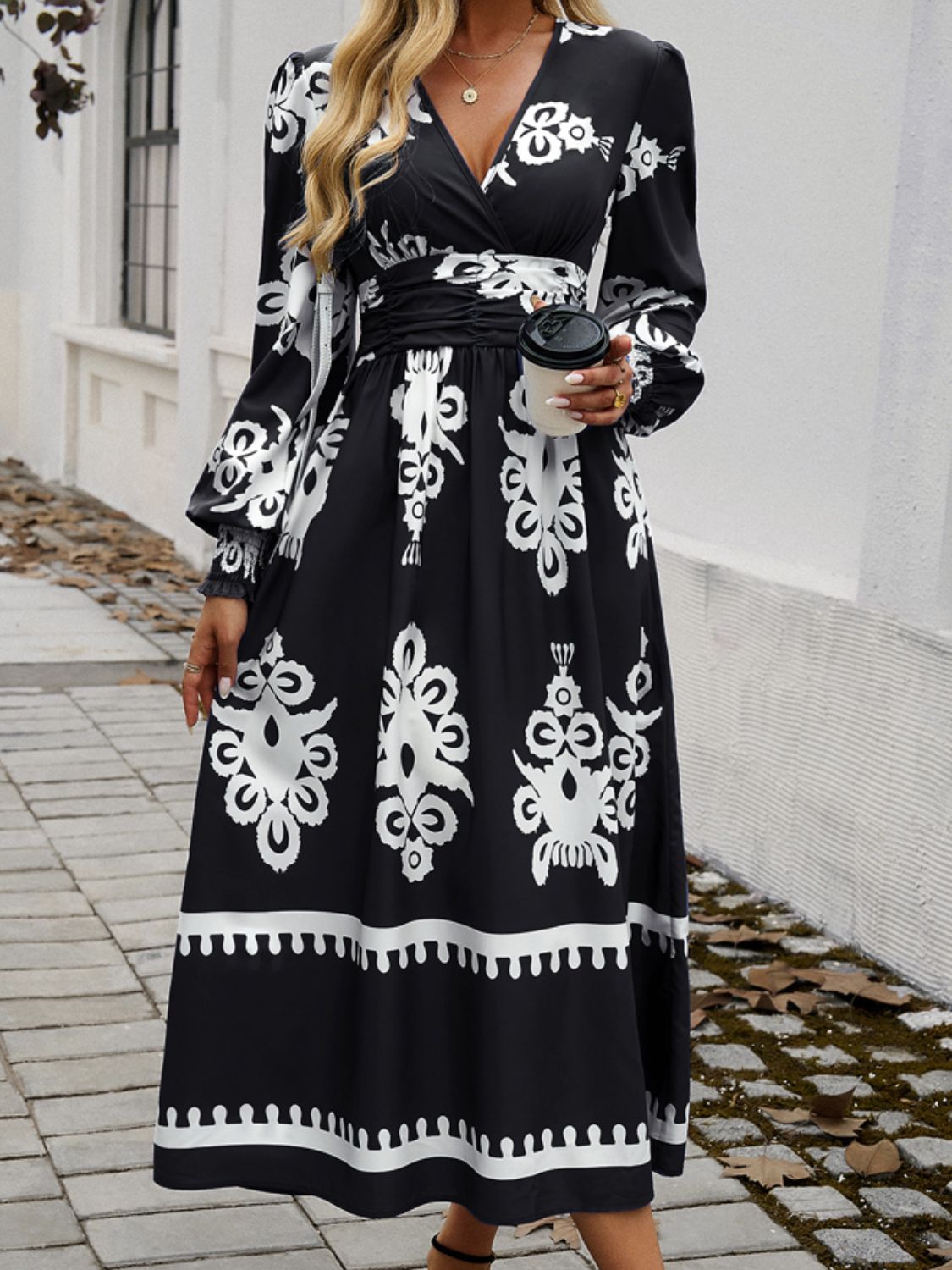 Devine Printed Surplice Lantern Sleeve Midi Dress