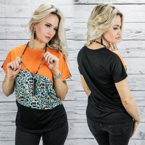 Tri color half sleeve top with leopard print