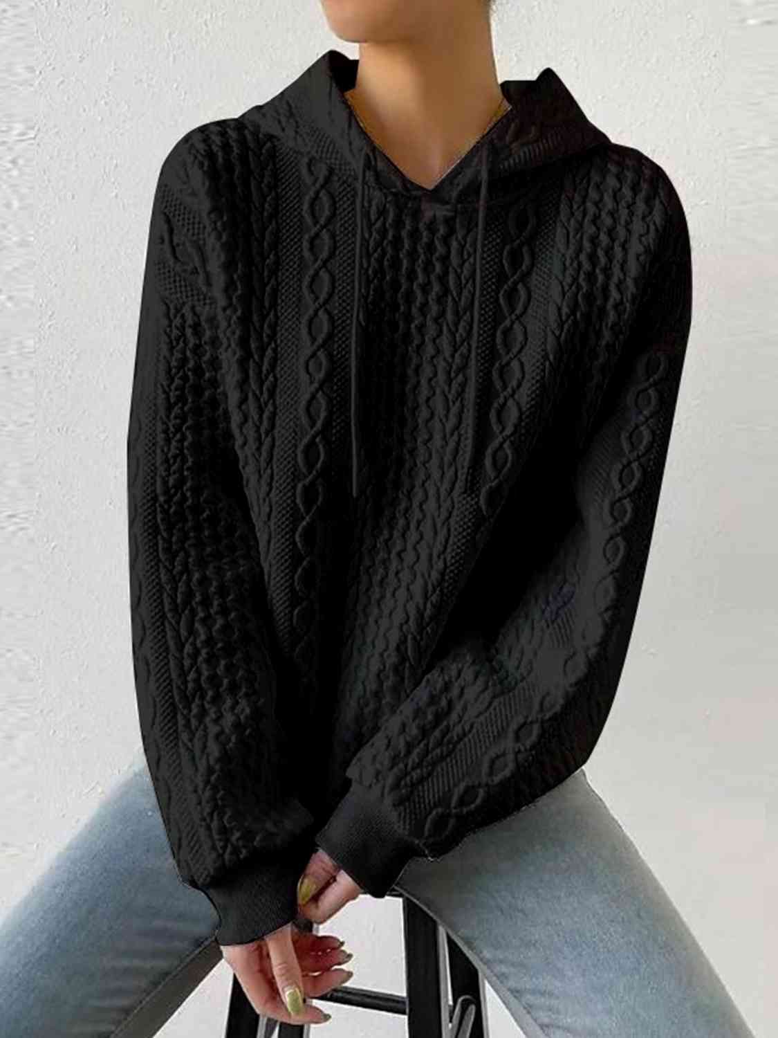 Textured Drawstring Long Sleeve Hoodie