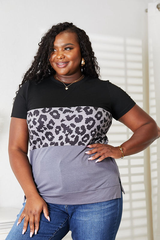 Leopard Print Color Block Short Sleeve Top